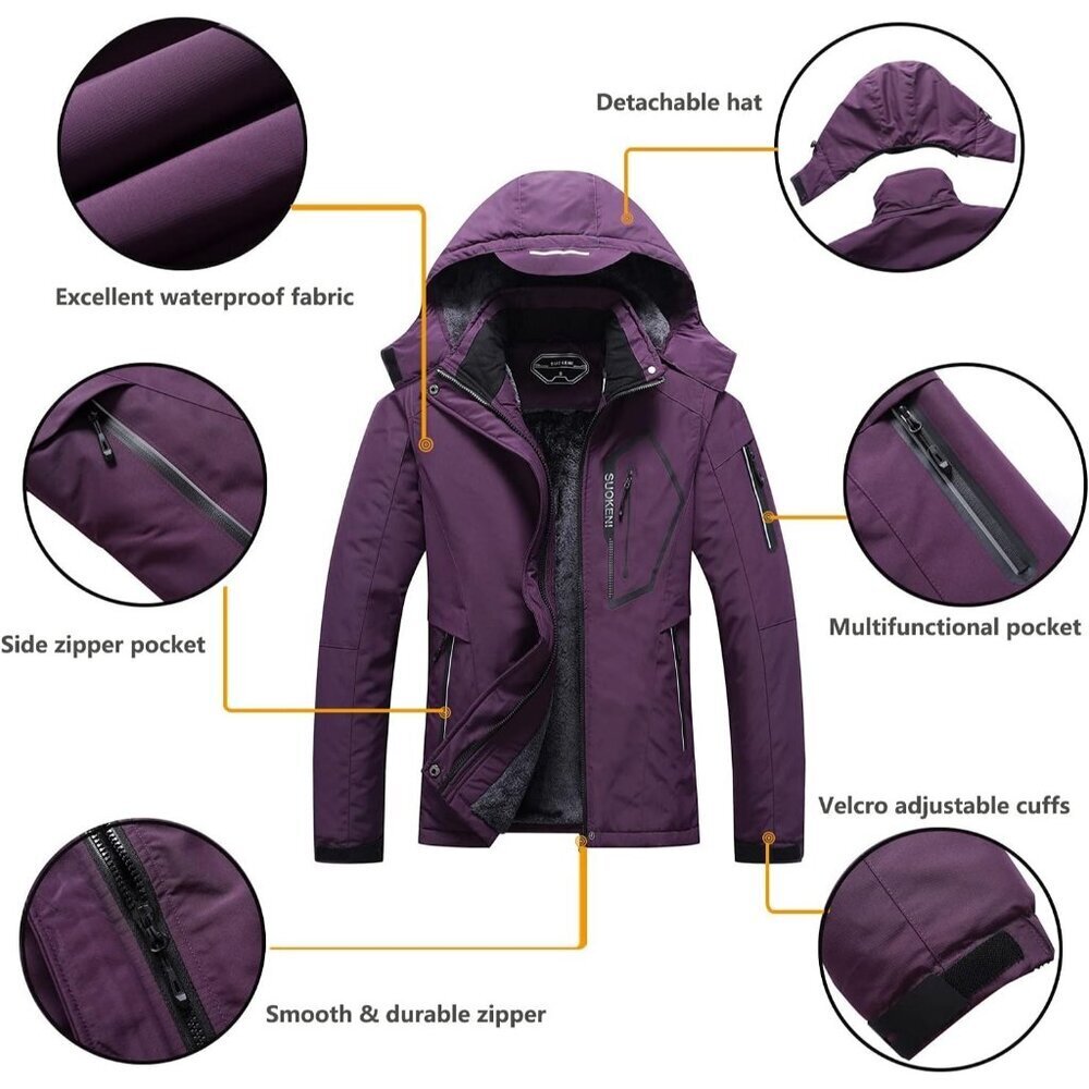 Women's Purple Waterproof Winter Hooded Raincoat Fabric Ski Snow Jacket Coat - Picture 5 of 5